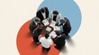 © MINTU - A group of people in business attire are gathered around a table, looking at documents, with a red and blue circle backdrop representing teamwork and collaboration