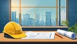 © Jenna - estimates and blueprints on estimator desk job in construction estimation yellow hard hat on scrolls laptop window construction industry concept planning pricing and budgeting