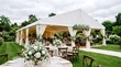 © UrbanRender - Expansive celebratory marquee set up on lush green lawn adorned with formal table settings and floral arrangements creating an inviting atmosphere for outdoor gatherings and special occasions