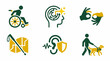 © SERTU - Set of disability and accessibility icons featuring wheelchair user, mental health, sign language, cane, hearing aid, and guide dog in flat vector style