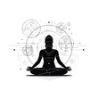 © Irwan - A person in a meditative yoga pose with floating concentric geometric circles and digital energy lines surrounding them. High contrast cinematic monochrome. minimalist flat vector artwork,