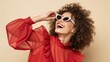 © david - Fashionable Woman in Bold Red Outfit and Cat-Eye Sunglasses