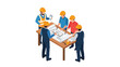 © Hilman Star - Architectural Engineering Team Meeting with Construction Workers and Blueprints Isometric Illustration on White Background