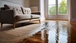 © Robert - carpet edge and hardwood floor with standing water near sofa illustrating indoor water damage and restoration need
