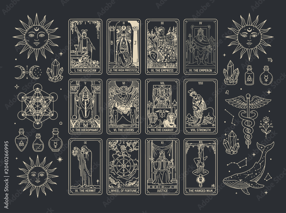 Moon Lines Math Vetor Collection of Mystical Tarot Cards and Esoteric Symbols Including ...