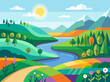 © Dian - Vibrant Flat Design Nature Landscape with Winding River, Green Hills, and Snow-Capped Mountains. Geometric Vector Illustration of a Sunny Summer Day in the Countryside.