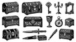 © Imsuniyah - Antique Treasure Chests, Key, Compass, Mirror, Candlestick, Dagger, Pen Vector Illustration