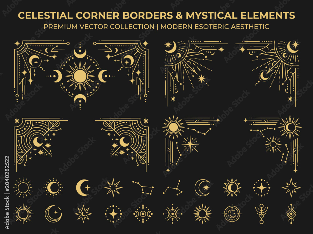 Celestial Gold Corner Borders and Mystical Esoteric Elements Collection ...
