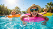 © FrameFlow - Happy children in swimming pool, with colorful inflatable rings and sunglasses, floating and splashing water under bright sun, outdoor resort with palm trees, summer vacation photography