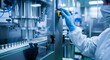 © WisChi - Close-up of a pharmaceutical worker gloved hand operating the control panel of a sterile medicine filling machine.