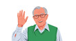 © Siam - Friendly senior man with glasses and a green vest smiling and waving his hand in greeting against a plain white background.