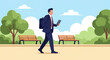 © byu - Flat vector illustration of a professional businessman in a navy suit and red tie walking through a public park with a laptop and backpack, featuring green trees and wooden benches.