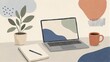 © dreamdes - Laptop on desk with notebook and plant. Minimalist workspace illustration for home office setup. Creative freelance work environment concept featuring modern digital nomadic lifestyle