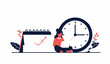 © Karimul - Young Woman Working on Laptop with Calendar and Clock Planning and Deadline Concept Vector Illustration
