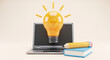 © MD - Laptop with a glowing light bulb book pencil symbolizing ideas innovation creativity technology education learning knowledge inspiration business communication strategy solution thinking