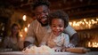 © svastix - A joyful father and his young son share a delightful moment baking in a cozy kitchen, surrounded by warm lighting and a sense of love, learning, and togetherness.