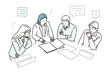 © MerciArtworks - オフィスでミーティングするビジネスパーソンービジネスチームのブレインストーミングイラスト素材Business professionals holding a meeting in an office—illustration of a business team brainstorming