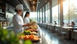 © Vadym - Two chefs serve food from a buffet counter in a bright cafeteria with large windows. People eat at tables in the background. Sunlight streams into the modern dining area.