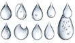 © febi - Collection of realistic water drops in various shapes and sizes, clear liquid elements with reflections and shadows, isolated on white