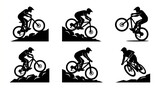 Cyclist riding mountain bike on rugged terrain in various dynamic poses