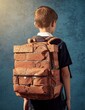 © Boris - Brick backpack on a young student boy seen from behind for mental health awareness, academic pressure concepts and school stress campaigns with copy space
