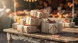 © Norzilawati - Wrapped Gifts with Autumn Leaves on a Rustic Market Table
