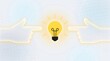 © MST. Anjumanara - Graphic illustration of two hands pointing towards glowing yellow light bulb symbol of creative idea and innovation process on blue tech grid background design