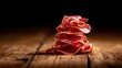 © Larisa AI - An enticing arrangement of thinly sliced cured meat on a rustic wooden surface, showcasing the rich colors and textures that make this delicacy so appealing to food lovers.