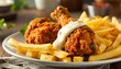 © Aliyan - Crispy fried chicken drumsticks with golden fries, creamy herb sauce evoking indulgent comfort food.