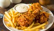 © Aliyan - Crispy fried chicken drumsticks with golden fries, creamy herb sauce evoking indulgent comfort food.
