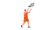 © Elwood - Man wearing an orange tank top and shorts tosses a silver laptop high into the air against a clean white background.