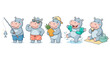 © Eko Kristiawan - Set of cute cartoon hippopotamus characters engaging in various fun summer activities and hobbies