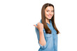 © deagreez - Profile side photo of charming positive confident cool promoter girl point forefinger look indicate sales promo wear denim jeans outfit isolated over white color background