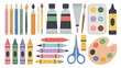 © Ultimate - art supplies flat vector pencils crayons paintbrushes palette scissors markers paint tubes illustration design icon graphic drawing crafting education school creative tools