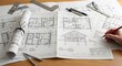 © Azil - Architectural blueprints and tools on a wooden table design and planning concept.