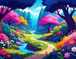 © denis - Vibrant cartoon landscape with winding path.