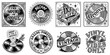 © Knot_Vain - A set of eight vintage style hand drawn music and vinyl record labels featuring intricate typography decorative elements and retro motifs perfect for audio themes