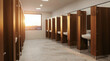© Lubov - Modern public restroom stalls with sinks and wooden partitions. Large window lets in sunset light. Clean white tiled floor and walls. Room for men or women.
