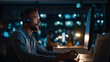 © Yuwarin - call center agent working at night with glowing screens and cinematic office lighting, modern tech atmosphere