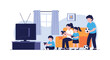 © MD - Family enjoying time at home in living room with children playing video games and others holding soccer ball near television.
