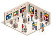© Joele - Isometric view of people visiting an art museum gallery featuring paintings, sculptures, and tribal masks with visitors and a photographer.