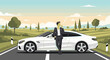 © KEPLEH - A man in a suit leans against a white car on a rural road, smoking