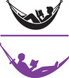 © reza - Man reading book in hammock vector icon set in black and purple colors for relaxation and leisure design