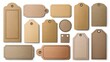 © Yanka - Kraft tag assortment on white background showcasing blank kraft labels and hangtags in variety of shapes and sizes, warm brown tones, metal eyelets, twine texture, flat lay ideal for branding, retail,