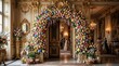 © Fiverr/fazilazia703 - Grand Easter arch decorated with colorful pastel eggs and lush spring flowers stands inside a luxurious golden baroque palace ballroom, offering elegant warm lighting for festive events.