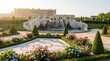 © Fiverr/fazilazia703 - Majestic Palace of Versailles gardens featuring the Latona Fountain and vibrant flower parterre under warm golden morning light; a luxurious, historic French travel destination.