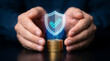 © Studio Fiuza - Hands protecting stack of coins with glowing shield and checkmark symbolizing financial security and investment safety