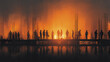 © KeJayStudio - Silhouettes of people standing on construction site at sunset with orange sky and reflections on water creating dramatic and mysterious atmosphere