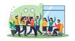 © Jaya Terus - Happy Business Team Celebrating Success and Achievement in Modern Office, Flat Vector Illustration
