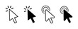 © Design Thinker - click cursor icon set. Click pointer arrow sign, pointing navigation signs, computer cursor mouse forms. solid black and outline click icons. Loading and press gesture symbols. Vector illustration.